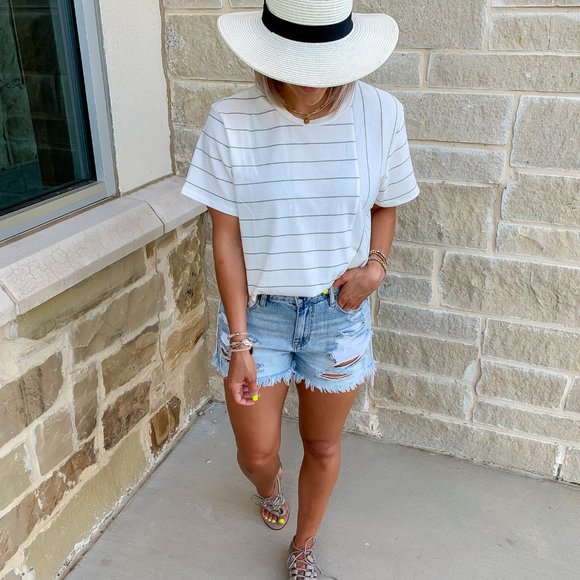 White and Green Striped Tunic Length Tee - Size Small, Medium, Large - Picture 2 of 4